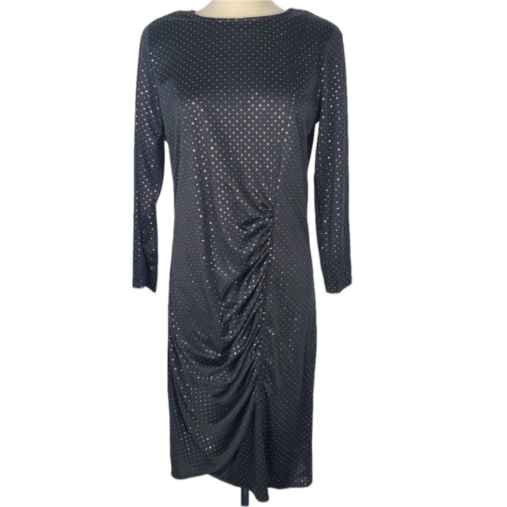 1980s Barone Black & Silver Polka Dot Poly Dress
